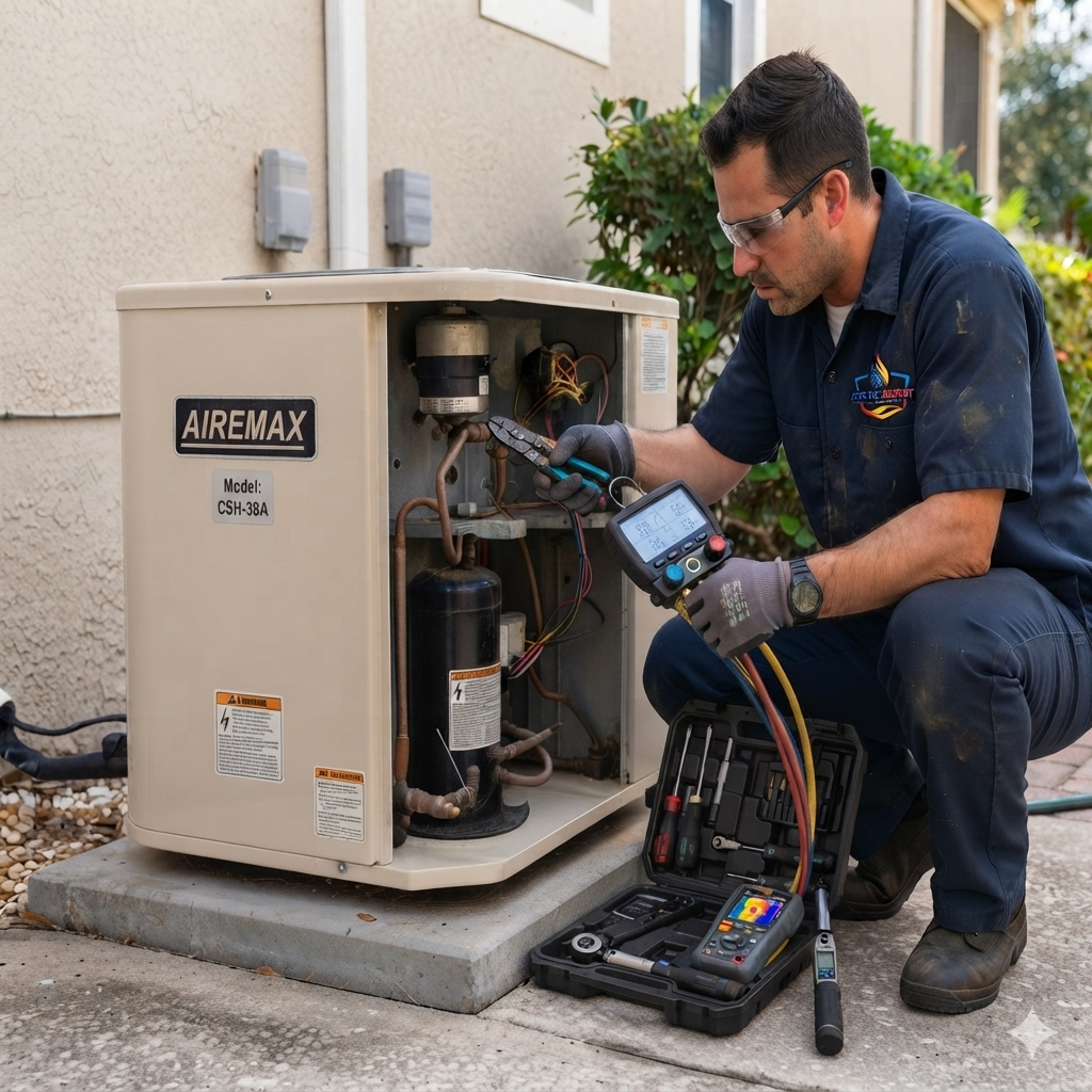 AC repair technician working on an air conditioning unit in Concord, NC